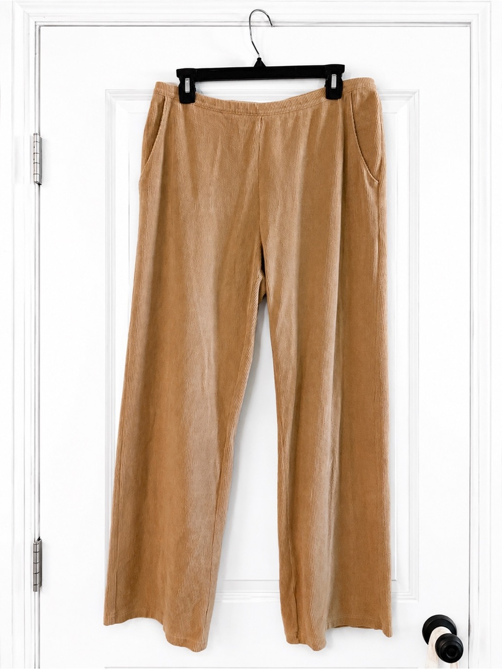 Vintage LL Bean Stretch Corduroy Pants Large Tan Wide Leg Pull On Comfort Pants